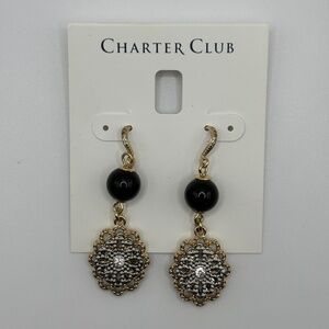 Charter Club Women's Gold Black Beaded Flower Earrings